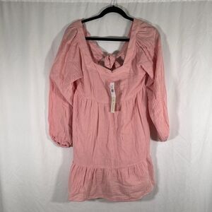 New Allison & Kelly Mini Dress Women's XS Pink Blush Square Neck Long Sleeve Tie